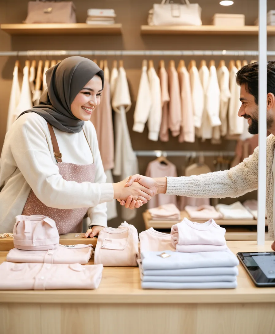 Showroom tezgâhında bayisiyle tokalaşan bebe giyim üreticisi