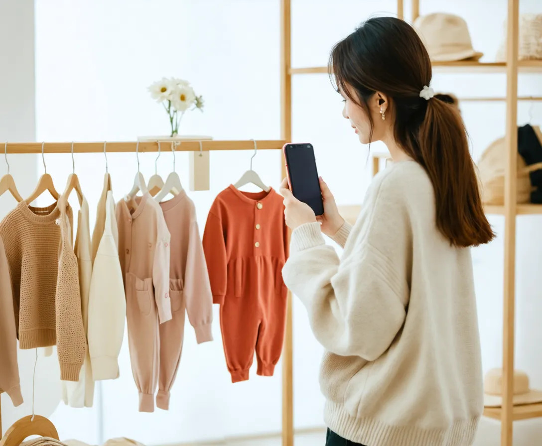 Yeni sezon bebe kıyafetlerini askılıkta telefonla fotoğraflayan çalışan