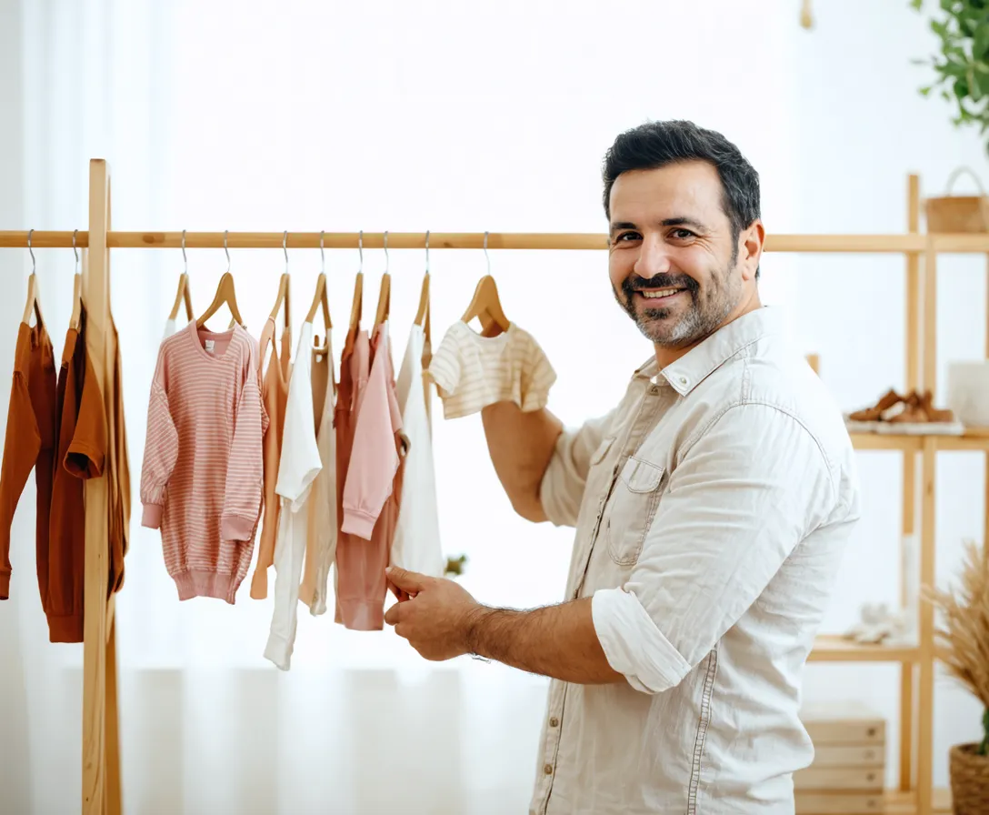 Showroom askılığına yeni sezon bebe kıyafetlerini asan üretici